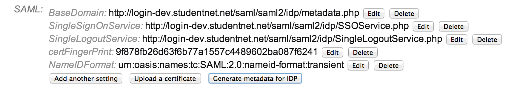 An example of the SAML entries