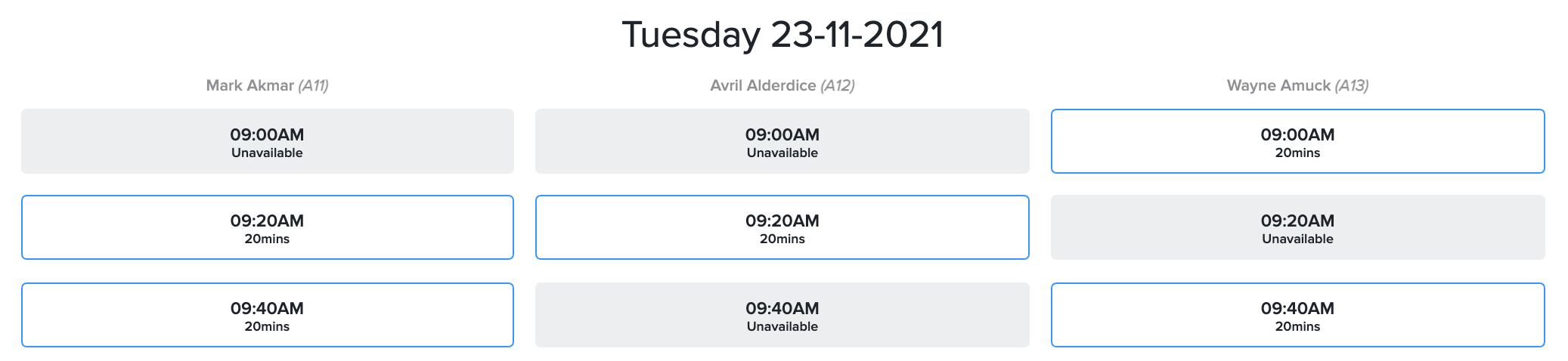 A day's timeslots for three teachers, each slot shown as available for 20 minutes or unavailable