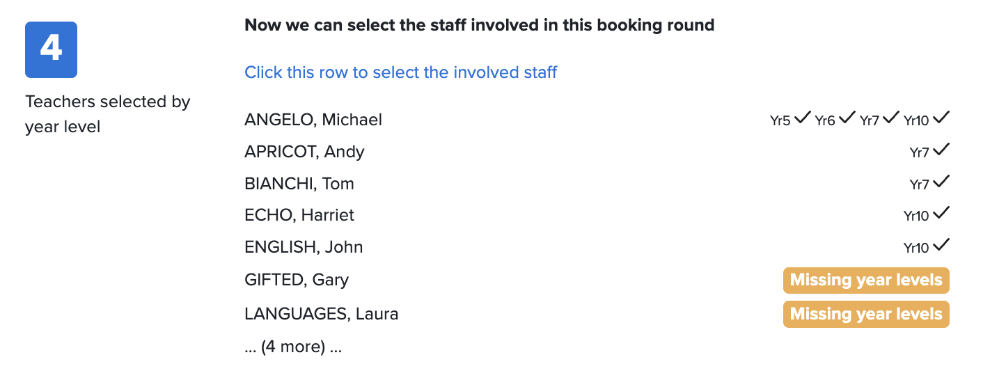 Teachers selected for a booking round by year level, with a warning for teachers missing year levels