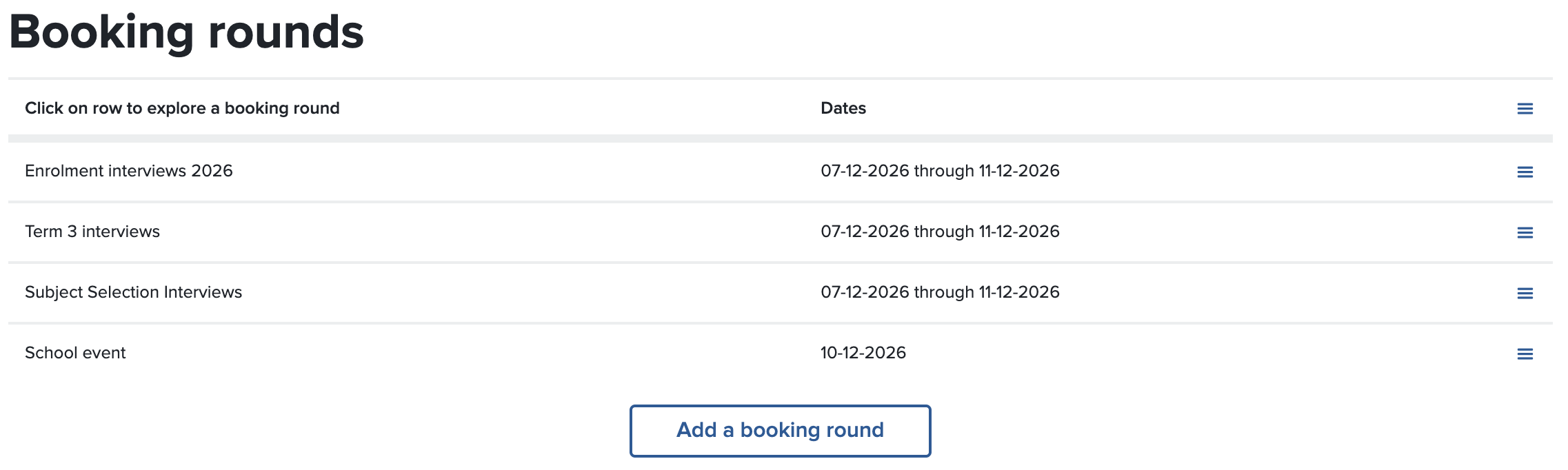 A list of booking rounds - enrolment interviews, term 3 interviews, subject selection interviews and a school event